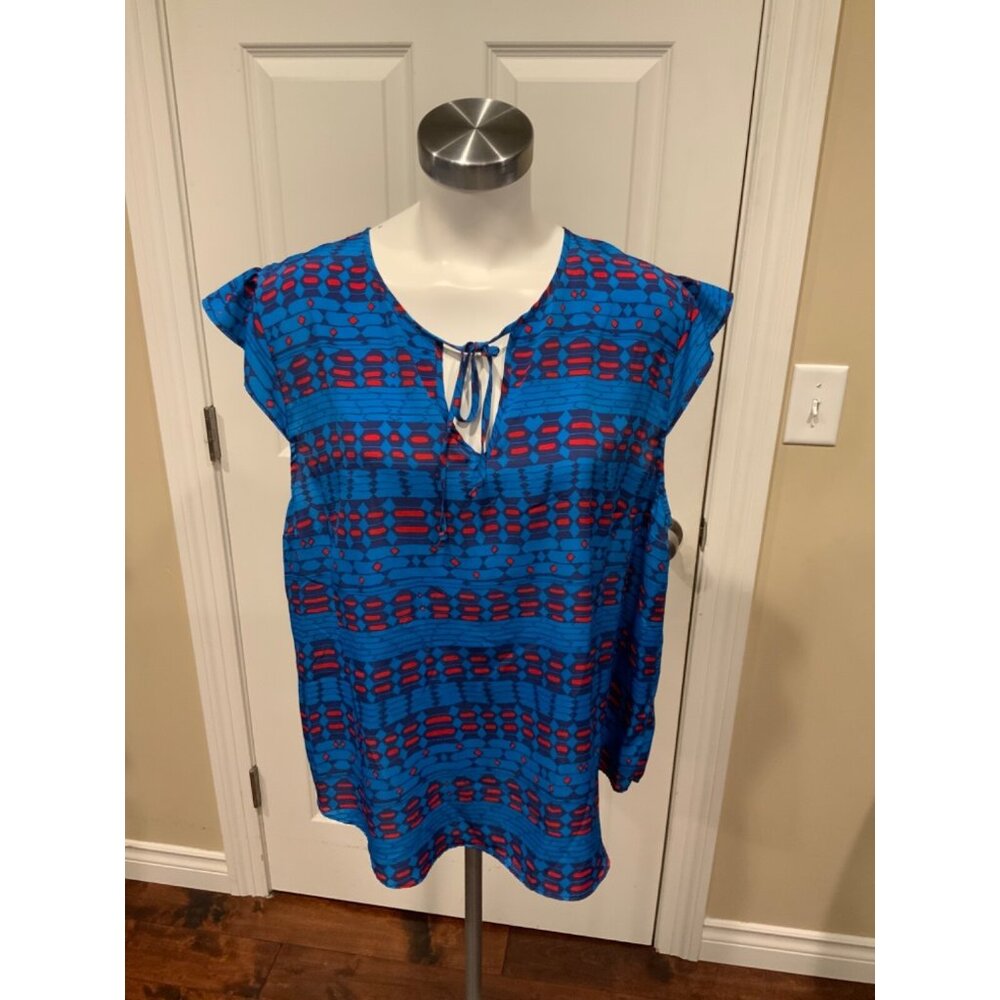 Plenty By Tracy Reese Blue Red Geometric Sleeveless Tie-Neck Top, Size XXL Plus